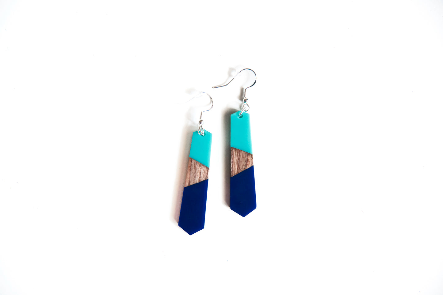 Two-tone (aqua & blue) geometric wood & resin dangle earrings