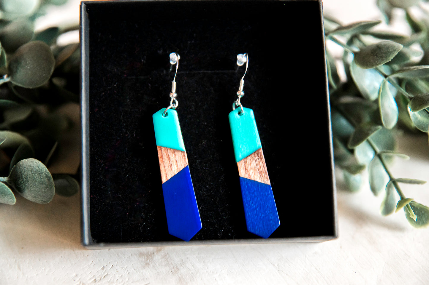 Two-tone (aqua & blue) geometric wood & resin dangle earrings