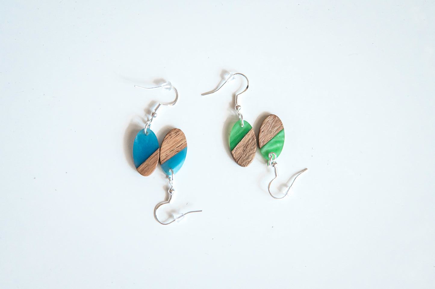 Oval Wood & Resin Dangle Drop Earrings