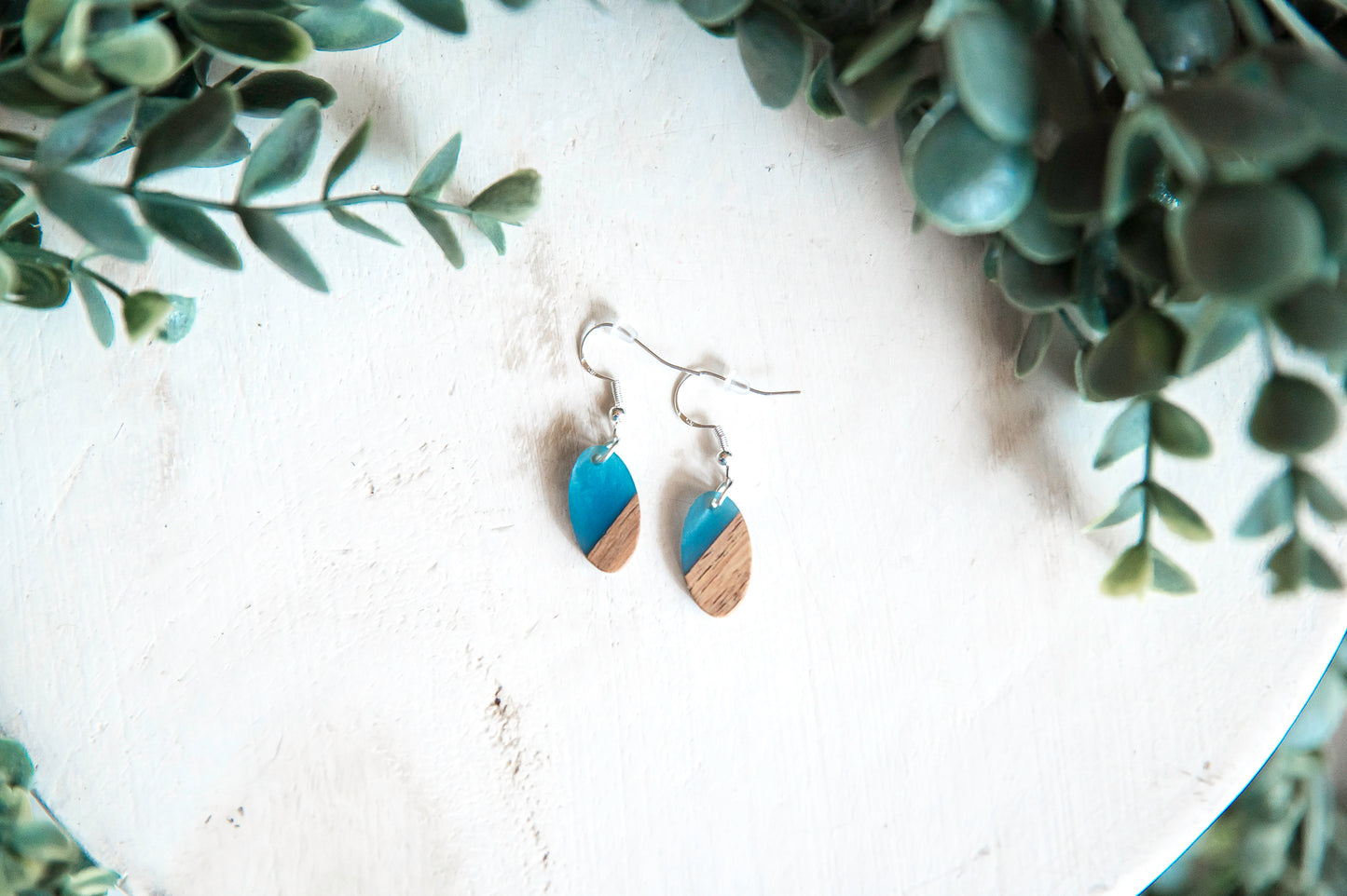 Oval Wood & Resin Dangle Drop Earrings