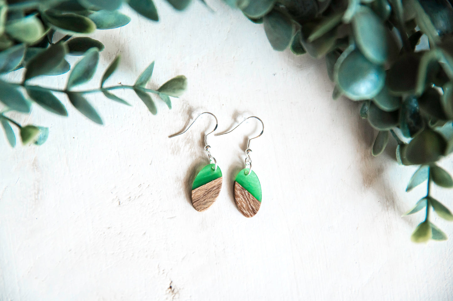 Oval Wood & Resin Dangle Drop Earrings