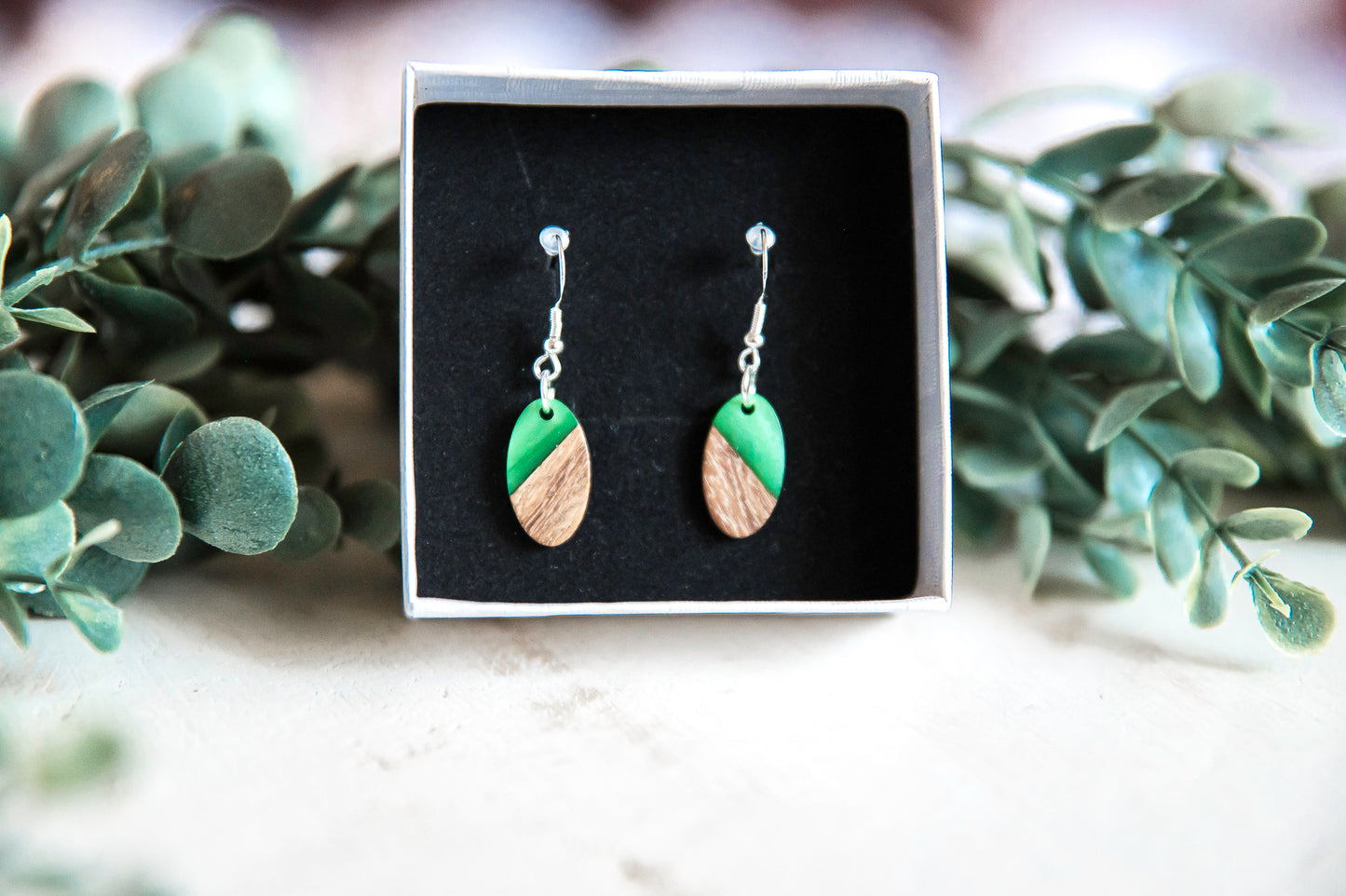 Oval Wood & Resin Dangle Drop Earrings