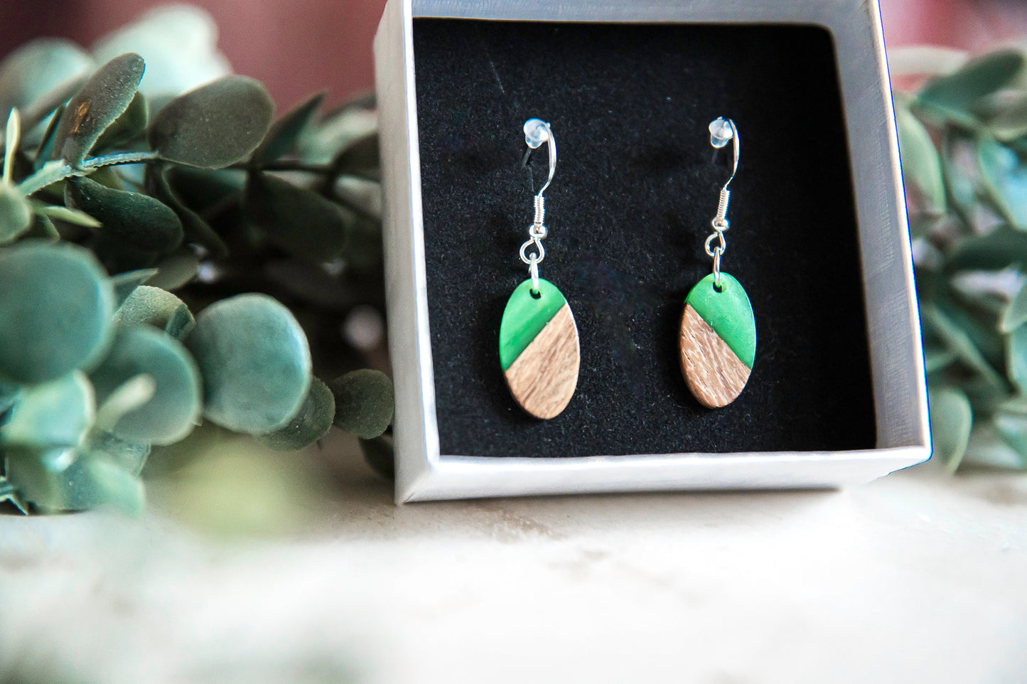 Oval Wood & Resin Dangle Drop Earrings