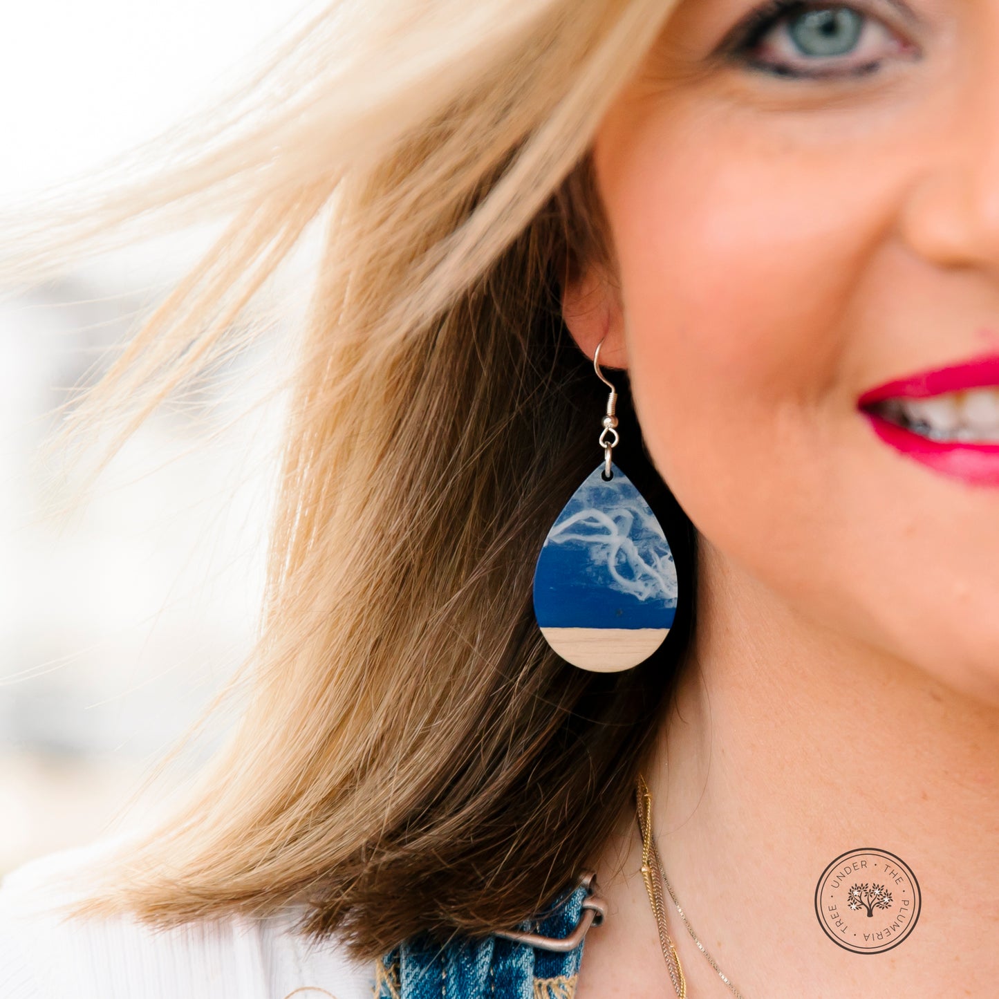 Sea and Sky Resin and Wood Teardrop Earrings with Silver Hypoallergenic Hooks