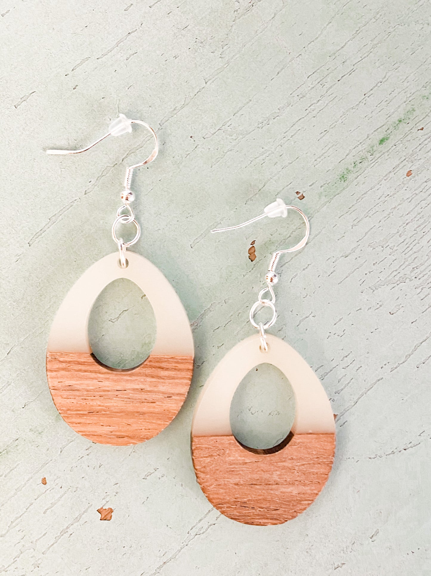 Cream Resin and Natural Wood Teardrop Dangle Earrings