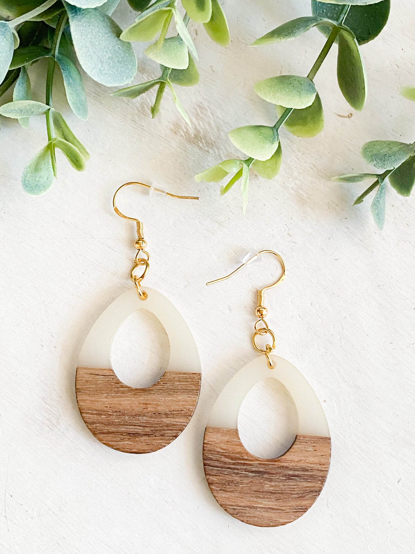 Cream Resin and Natural Wood Teardrop Dangle Earrings