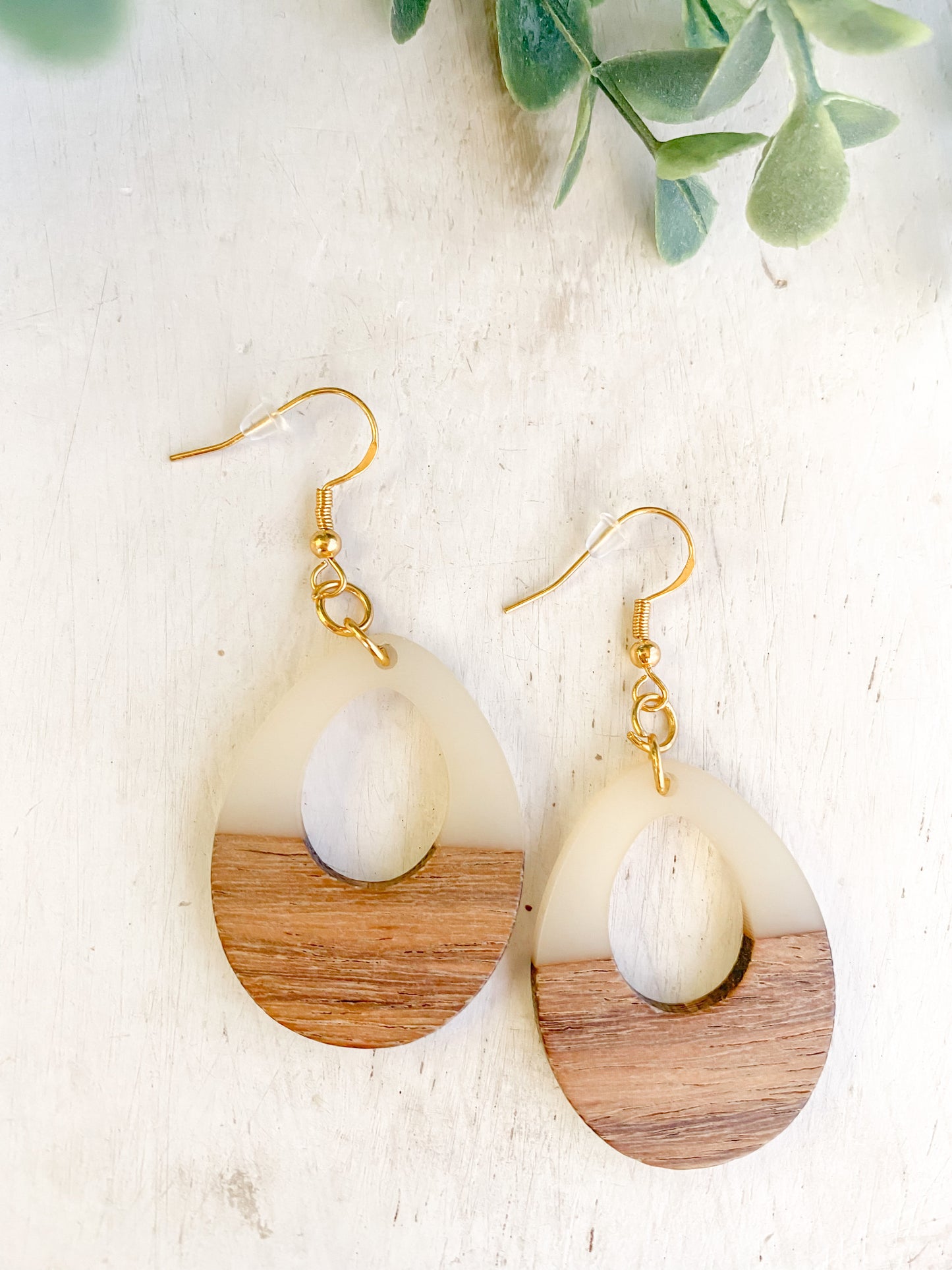 Cream Resin and Natural Wood Teardrop Dangle Earrings