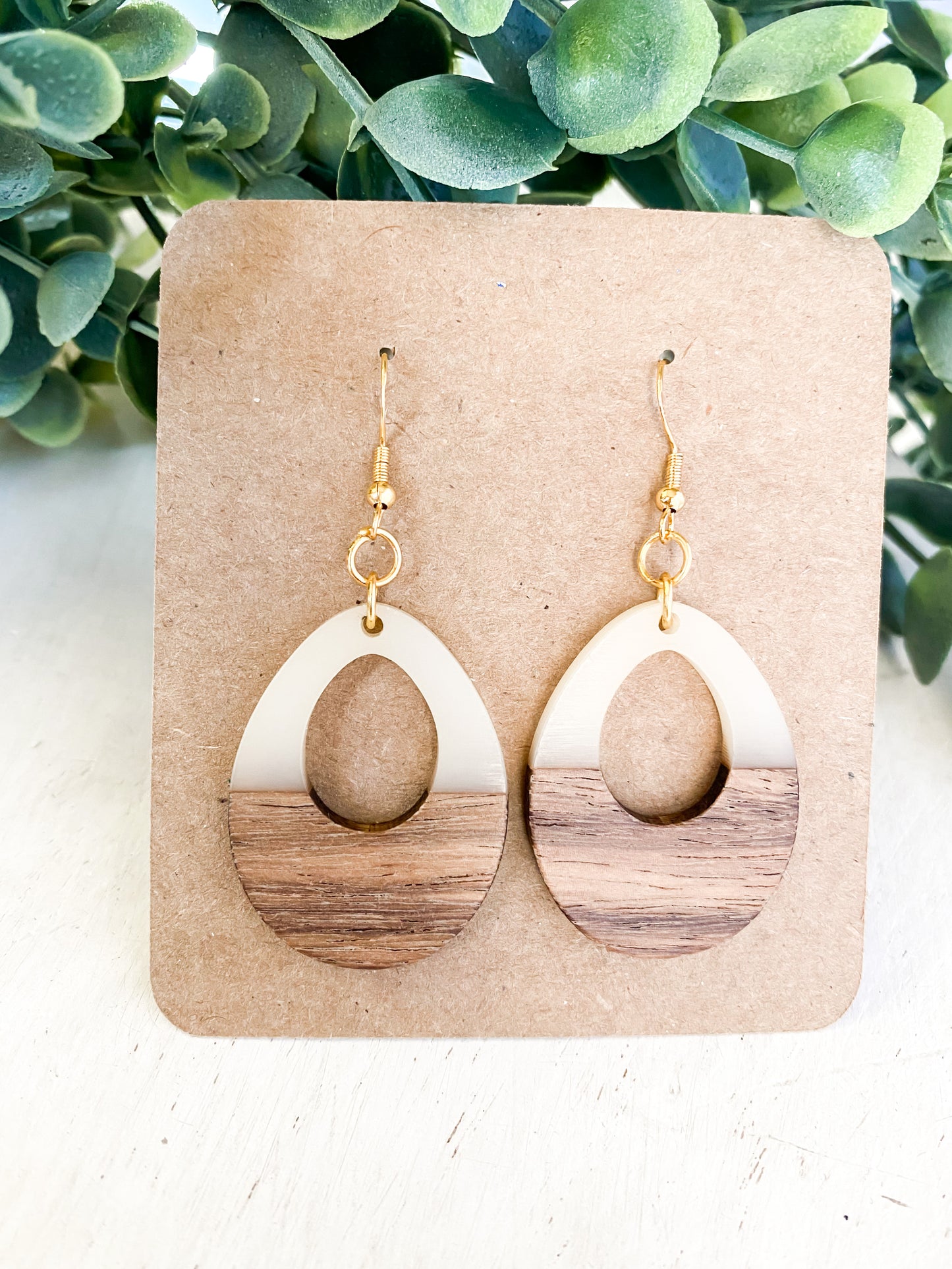 Cream Resin and Natural Wood Teardrop Dangle Earrings