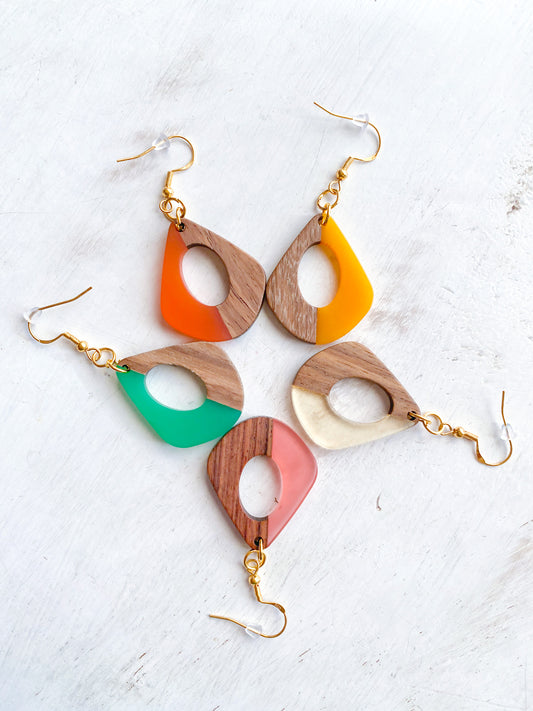 Geometric Wood & Resin Dangle Earrings