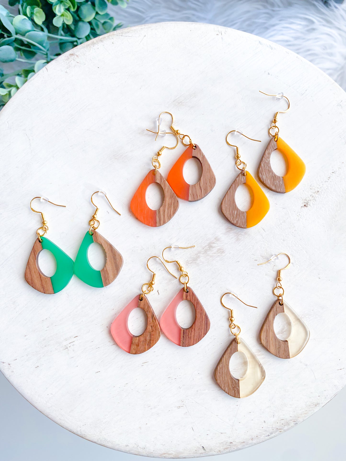 Geometric Wood & Resin Dangle Earrings