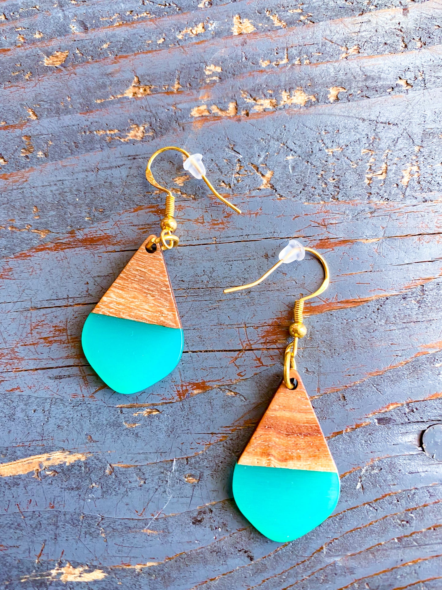 Small Teardrop Teal Resin and Wood Dangle Earrings with Gold Hypoallergenic Hooks