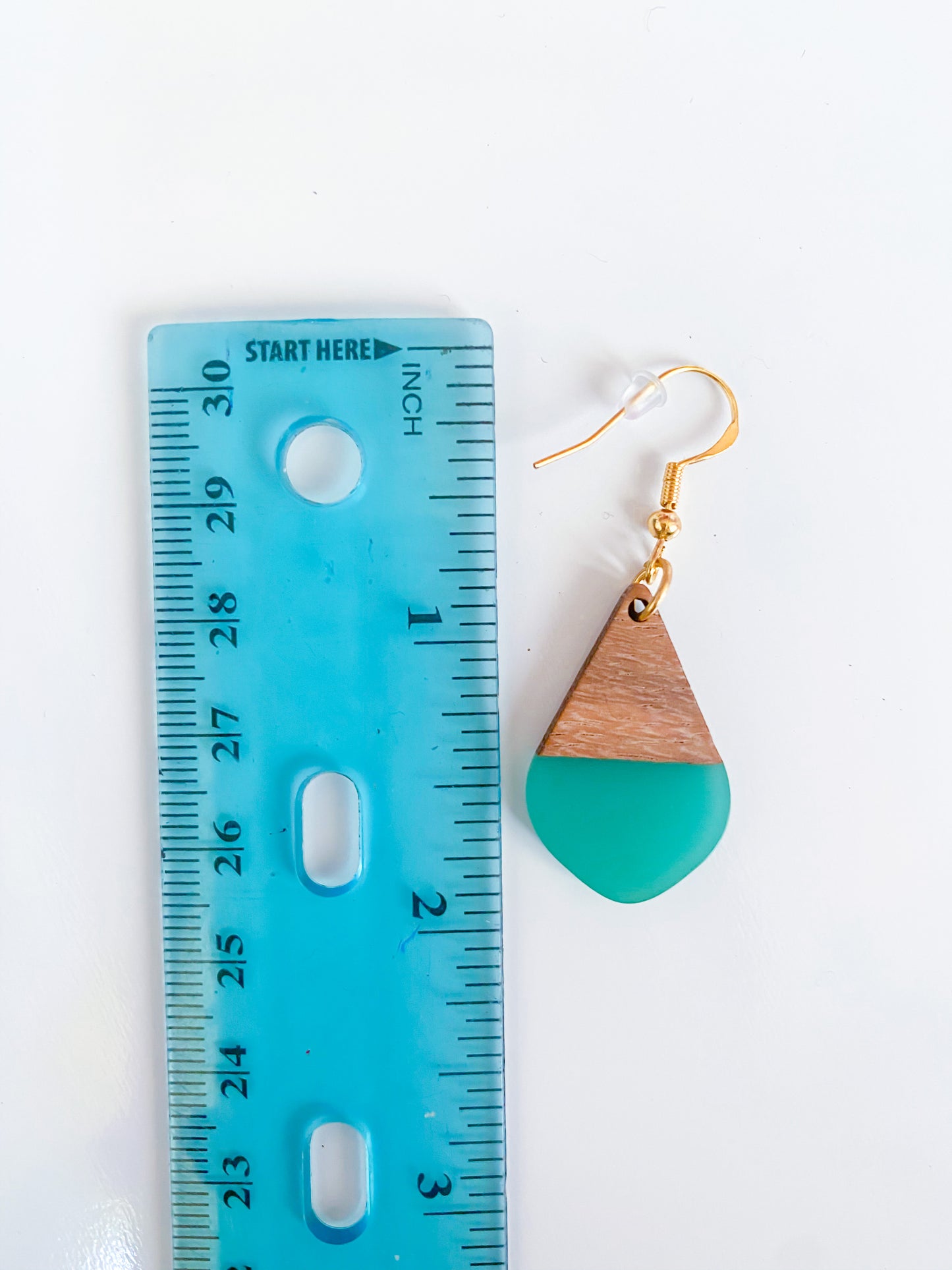 Small Teardrop Teal Resin and Wood Dangle Earrings with Gold Hypoallergenic Hooks