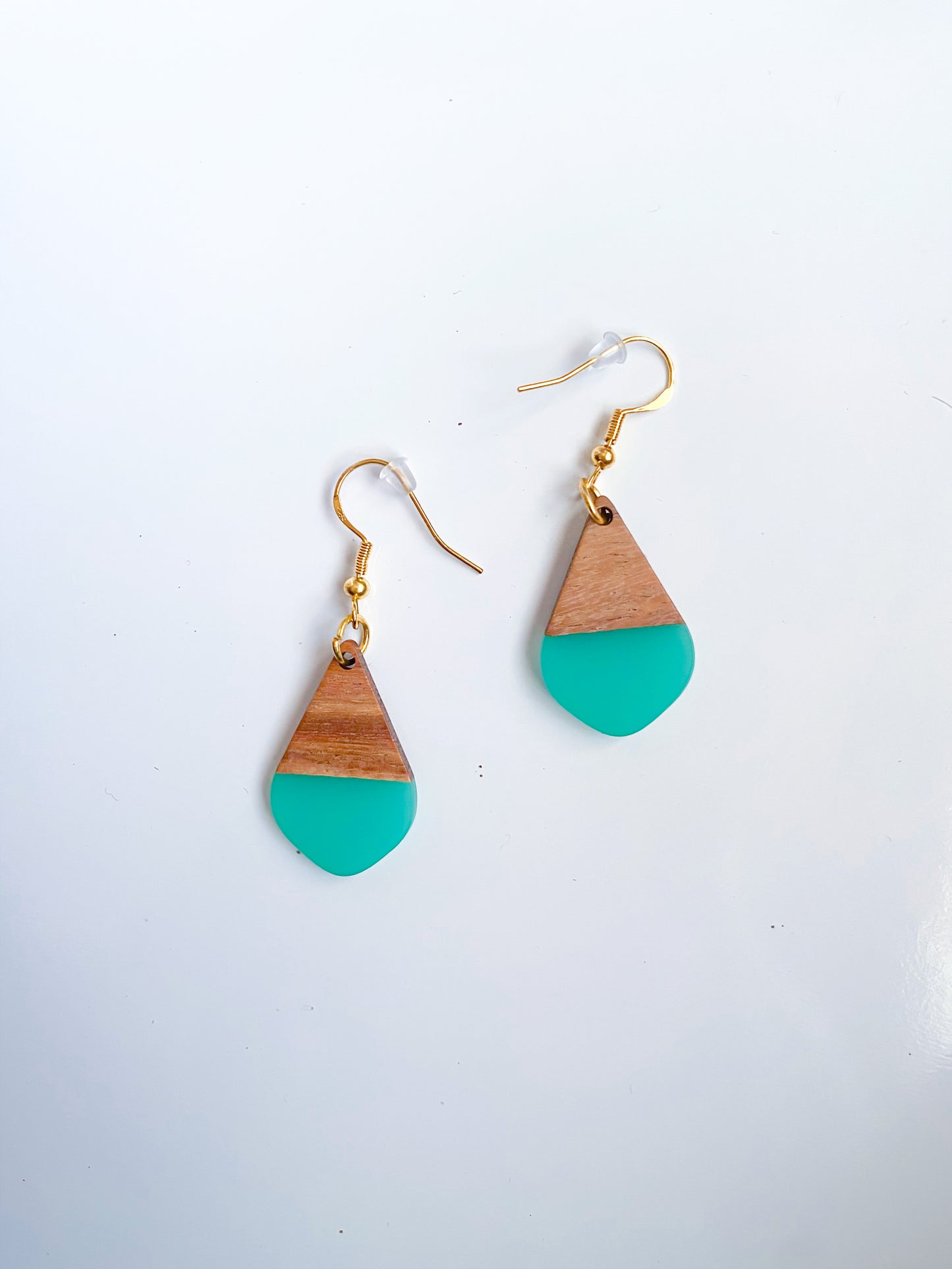 Small Teardrop Teal Resin and Wood Dangle Earrings with Gold Hypoallergenic Hooks