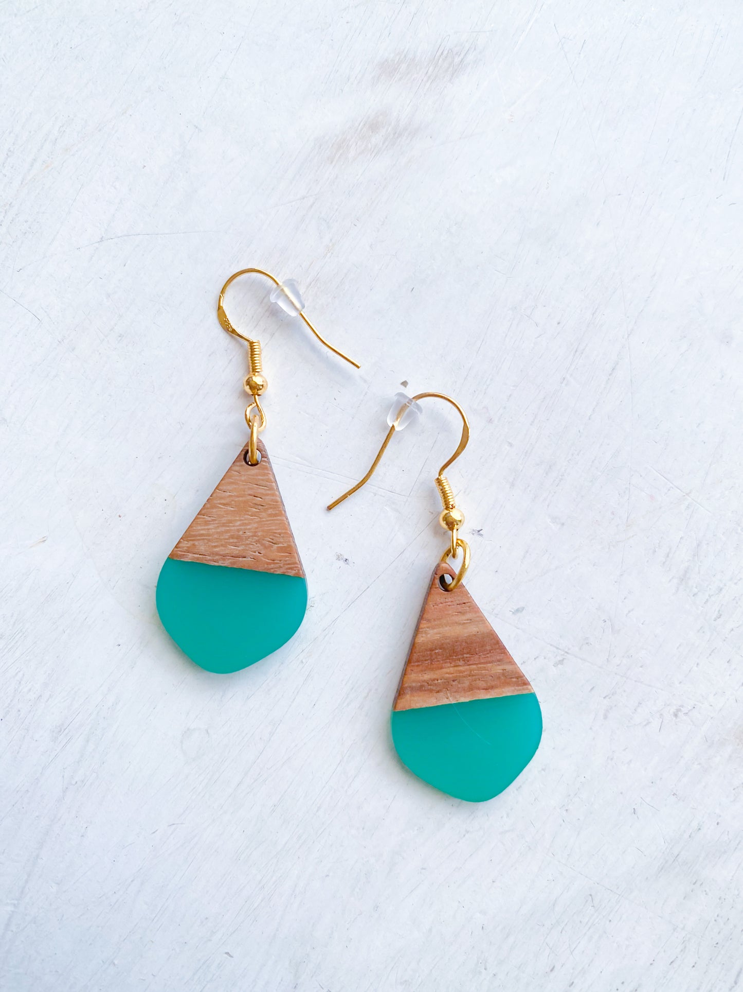 Small Teardrop Teal Resin and Wood Dangle Earrings with Gold Hypoallergenic Hooks