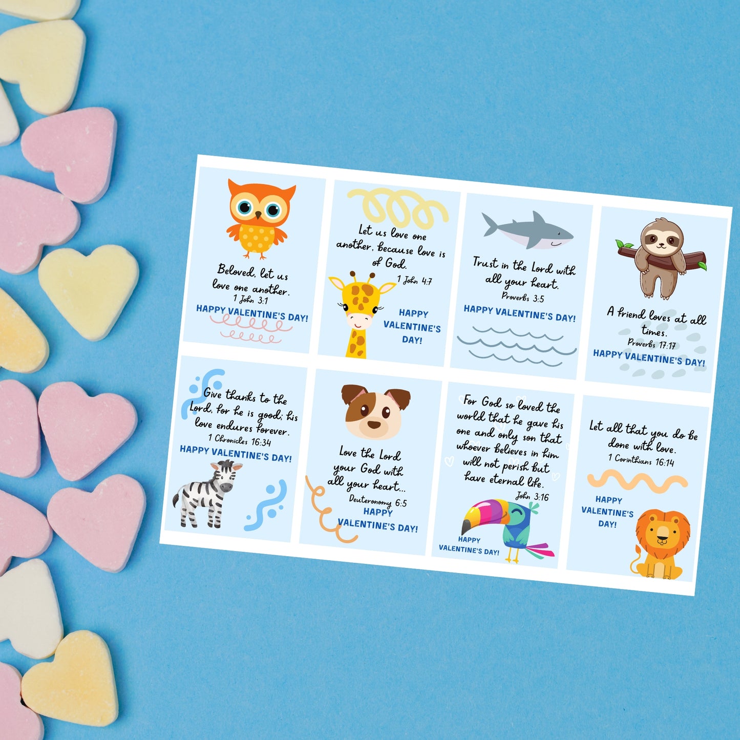 Christian Valentine Cards for kids with animals and scriptures, 8 designs