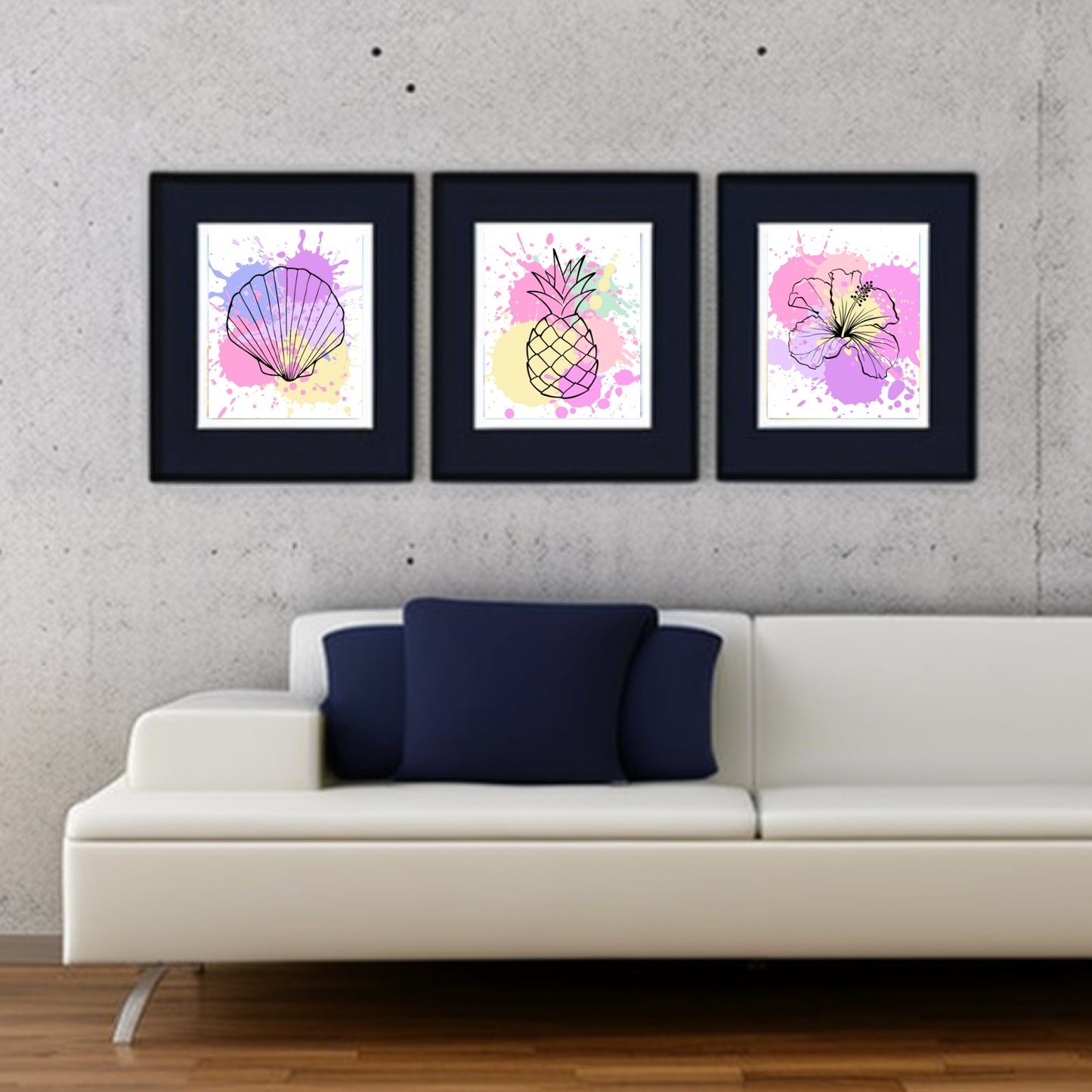 Set of 3 Tropical Paint Splatter Prints - sea shell, pineapple, and hibiscus