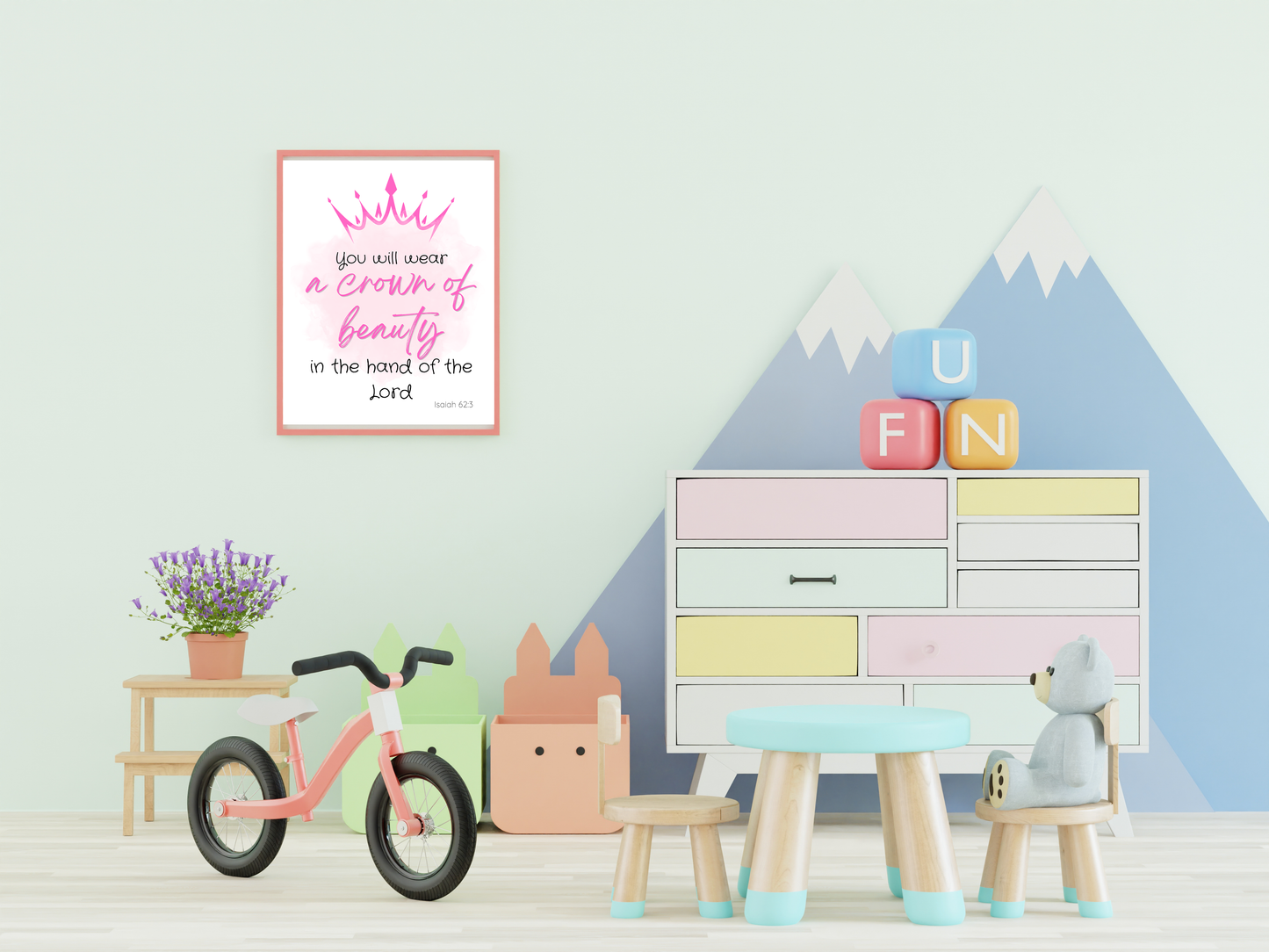 Wear a Crown of Beauty Wall Decor Nursery Girls Room Wall Digital Print Scripture Inspiration