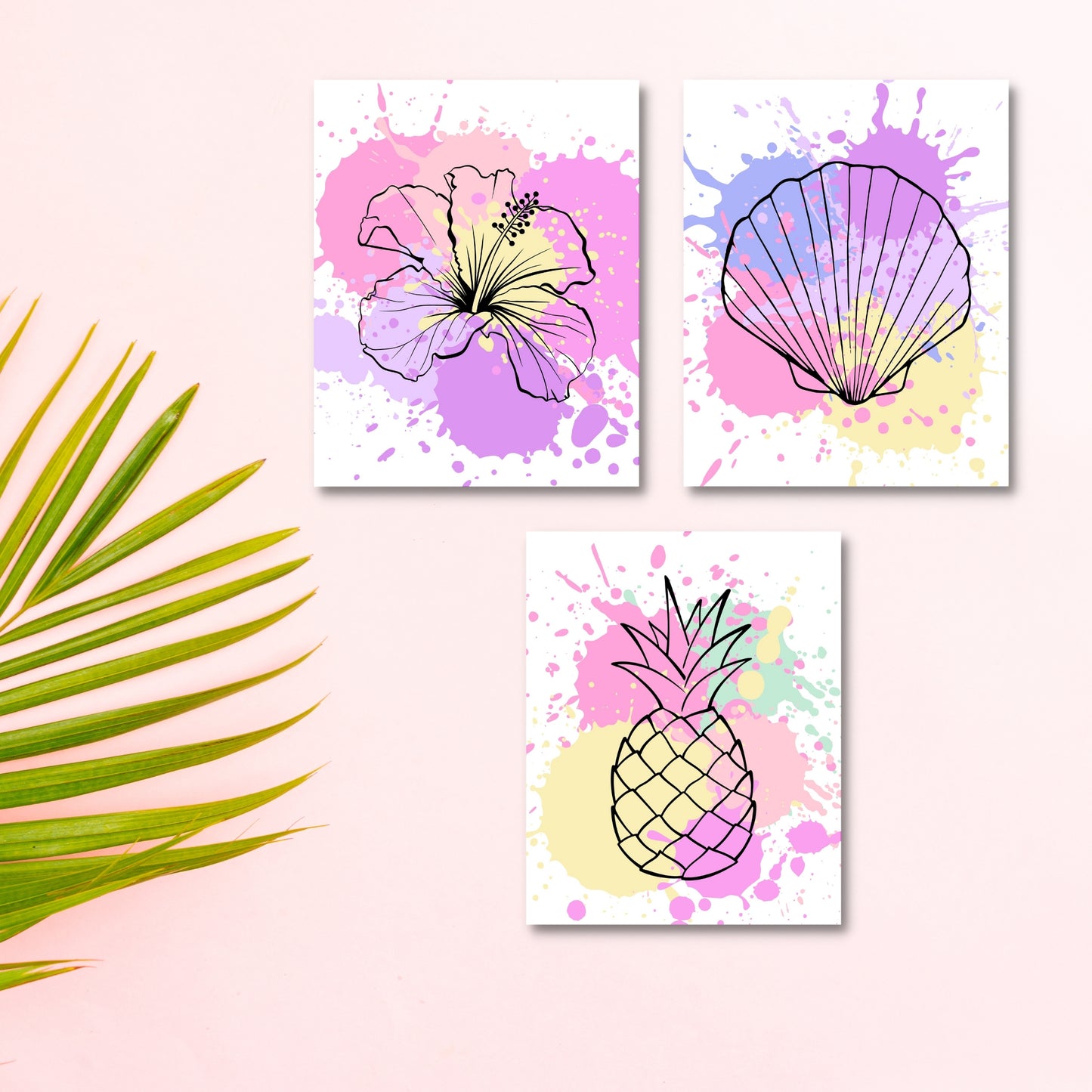 Set of 3 Tropical Paint Splatter Prints - sea shell, pineapple, and hibiscus