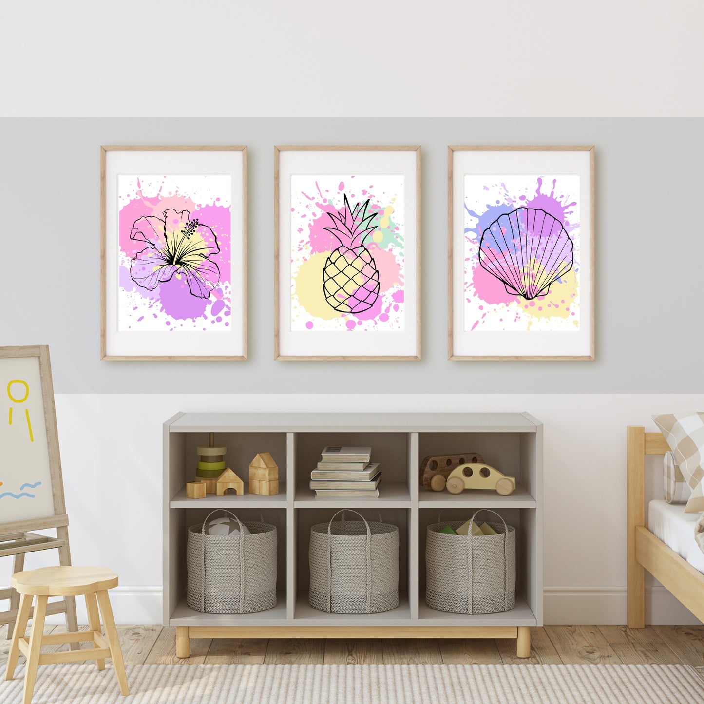 Set of 3 Tropical Paint Splatter Prints - sea shell, pineapple, and hibiscus