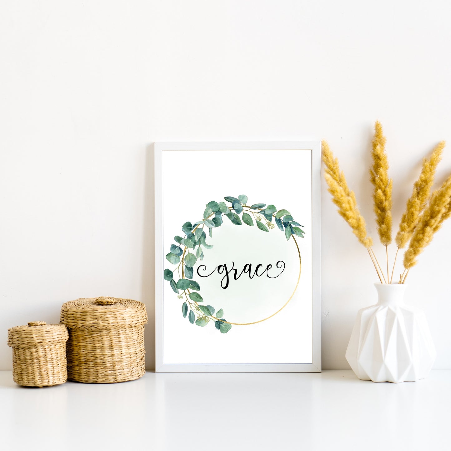 Faith Hope Love Joy Peace & Grace set of 6 digital prints in eucalyptus wreath with gold bar with fancy font