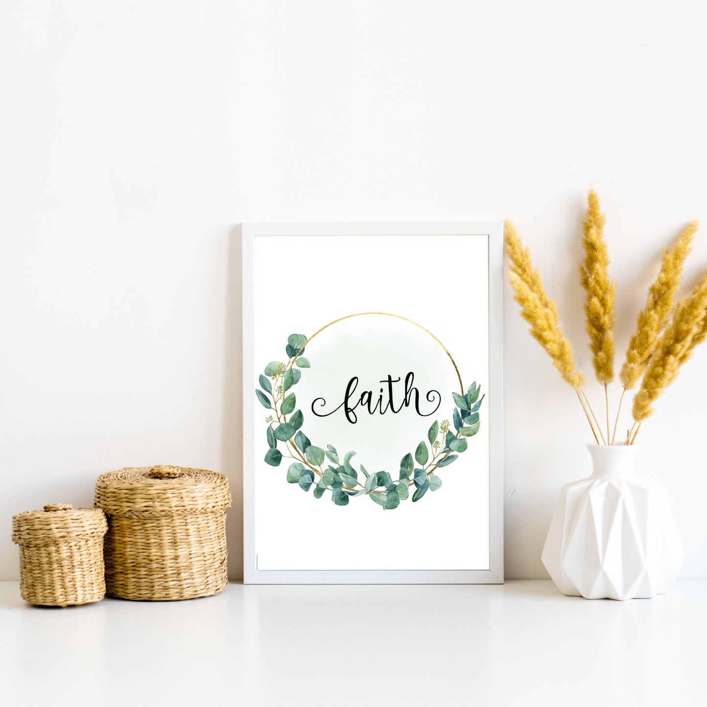 Faith Hope Love Joy Peace & Grace set of 6 digital prints in eucalyptus wreath with gold bar with fancy font